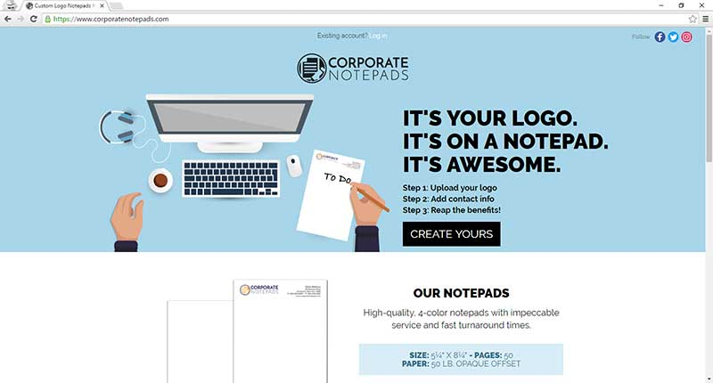 CorporateNotepads.com homepage screenshot